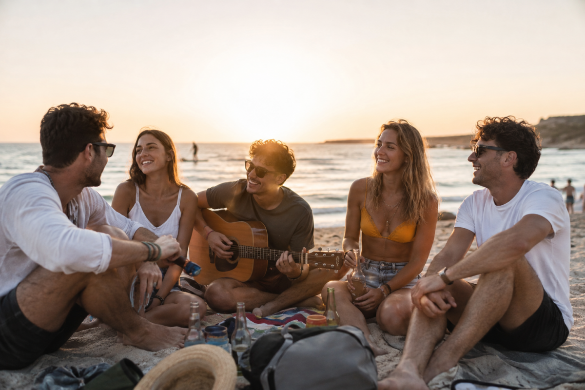 Raduno di giovani naturisti in spiaggia ispirato alla community di Skinbook social network